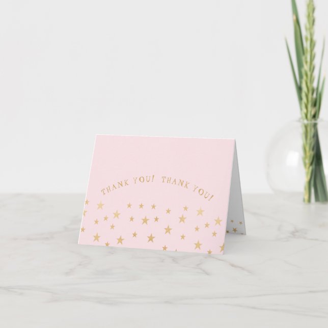 Twin Girls thank you note, pink gold stars Card (Front)