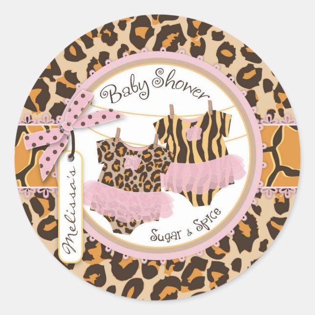 Twin Girls Tutus Cheetah Print Baby Shower Label (Front)