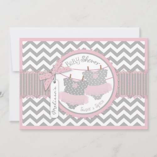 Pink Tutu &amp; Chevron Print Baby Shower Custom Announcements