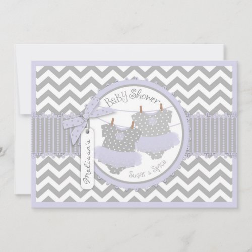 Lavender Tutu &amp; Chevron Print Twins Baby Shower Personalized Invites