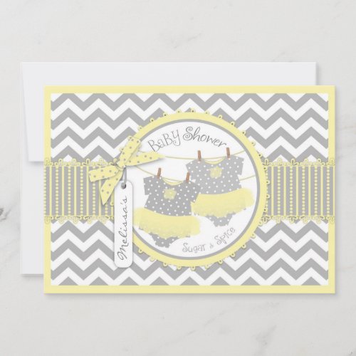 Yellow Tutu &amp; Chevron Print Twin Girls Baby Shower Invite
