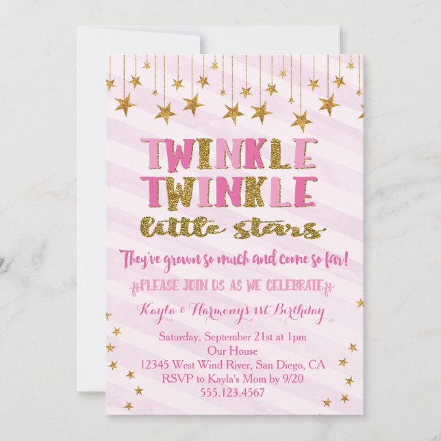 Twin Girls Twinkle Twinkle Little Star Invitation (Front)