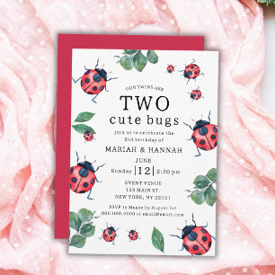 Twin Girls Two Cute Bugs Ladybug 2nd Birthday Invitation