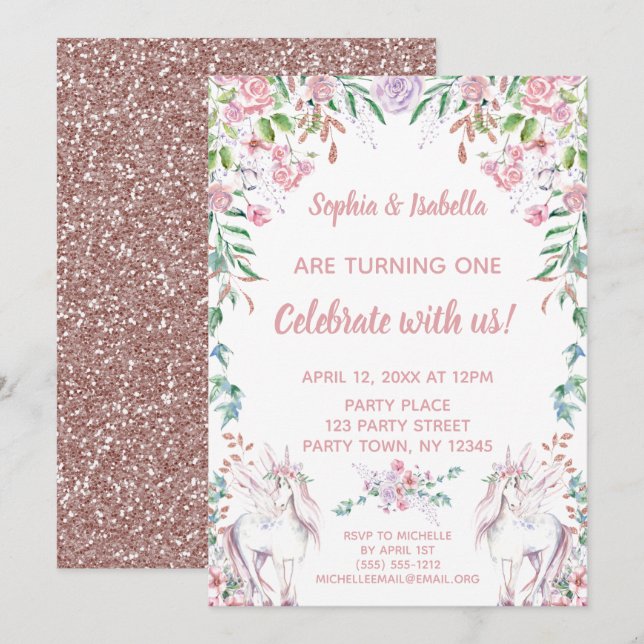 Twin Girls Unicorn Glitter First Birthday Invitation (Front/Back)