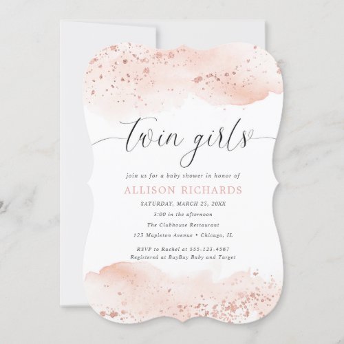 Twin girls watercolor rose gold blush pink glitter invitation