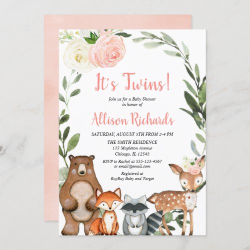 Twin girls woodland animals greenery baby shower invitation