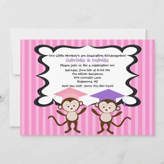 Twin Girlss Monkeying Around Graduation Invitation (Front)