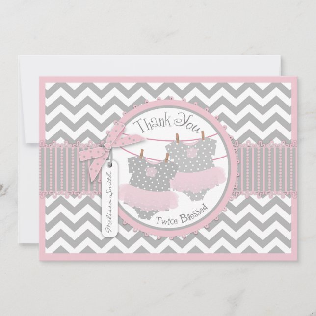Twin Girsl Tutus Chevron Print Thank You Card (Front)
