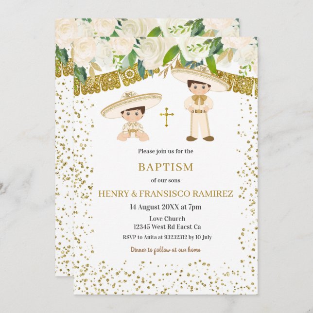 Twin Gold Charro Boy Baptism Fiesta  Invitation (Front/Back)