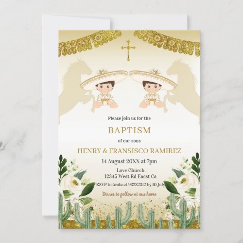 Twin Gold Fiesta Boy Baptism Nio Bautizo Invitation