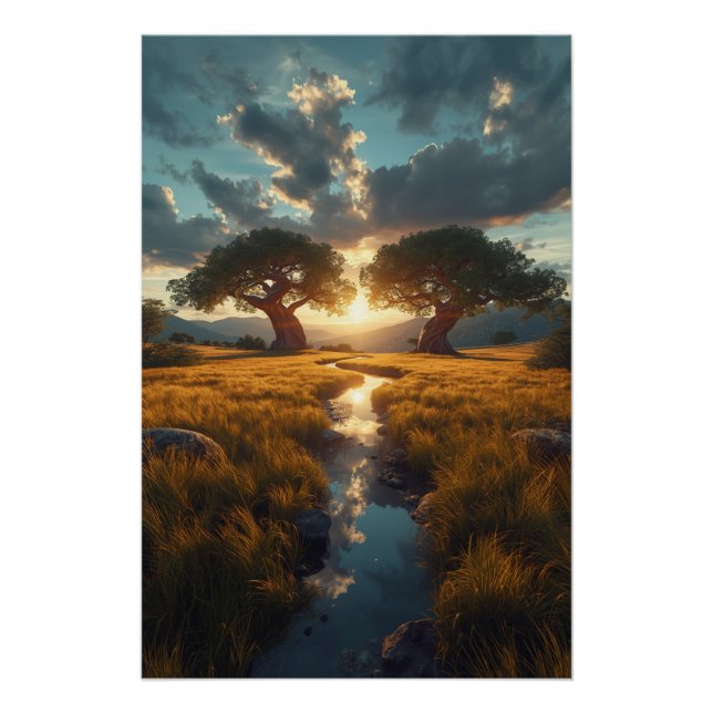 Twin Guardians – Golden Meadow Sunset Poster (Front)