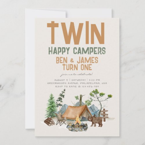 Twin Happy Camper Watercolor Woodland 1st Birthday Invitation