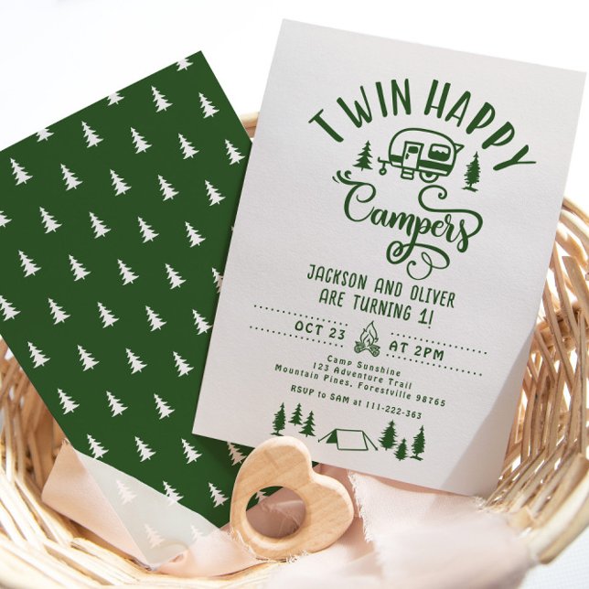 Twin Happy campers Boy forest 1st birthday Invitation (Creator Uploaded)