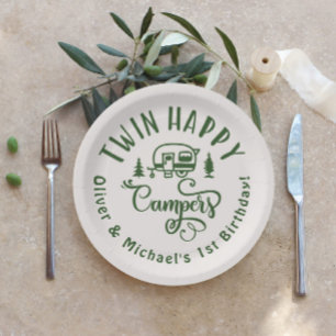 Twin Happy Campers brown minimalist 1st birthday Paper Plates