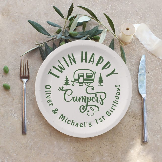 Twin Happy Campers brown minimalist 1st birthday Paper Plates (Creator Uploaded)