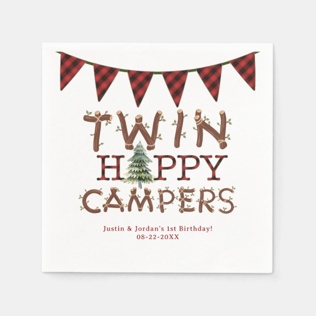 Twin Happy Campers Forest Woodland Birthday Party  Napkins (Front)