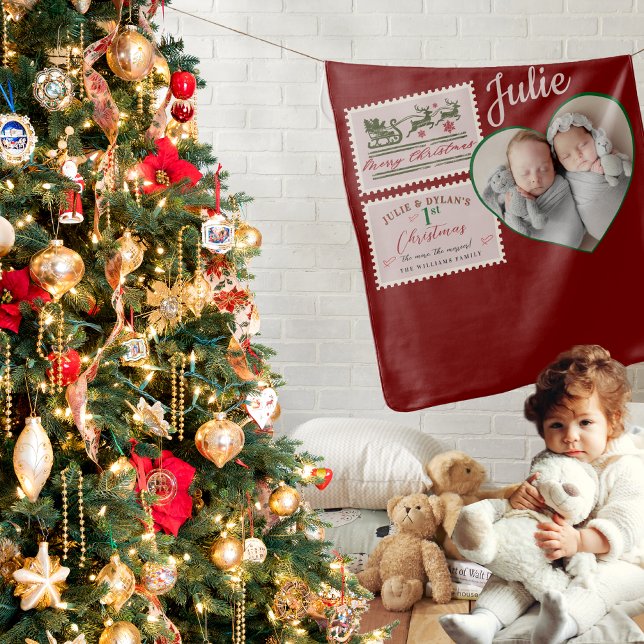Twin Heart Photo Burgundy Stamp Baby 1st Christmas Baby Blanket (Twin babies Heart Photo Stamps Baby 1st Christmas Gift Dark Red Lucky Baby Blanket Nursery Decor)