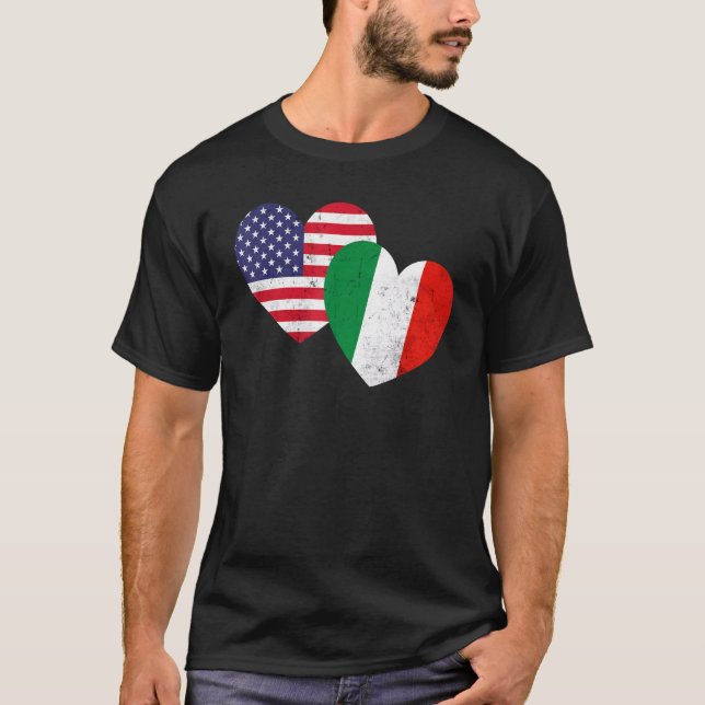 Twin Hearts Italy USA Flags Distressed for Italian T-Shirt (Front)