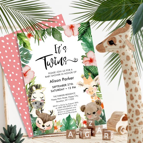 Twin Jungle Safari Tropical Greenery Baby Shower Invitation