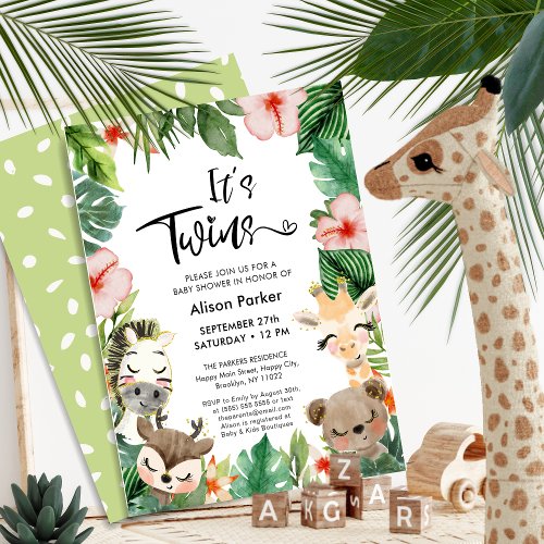 Twin Jungle Safari Tropical Greenery Baby Shower Invitation