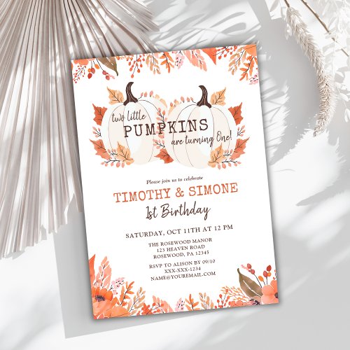 Twin Kids Floral Pumpkin Fall First Birthday Invitation