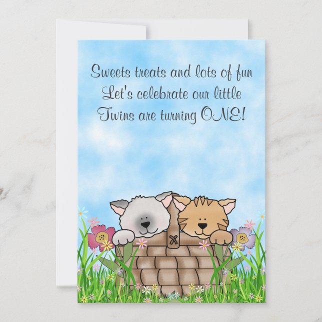Twin Kittens and Flowers 1st Birthday Cat Invitation (Front)