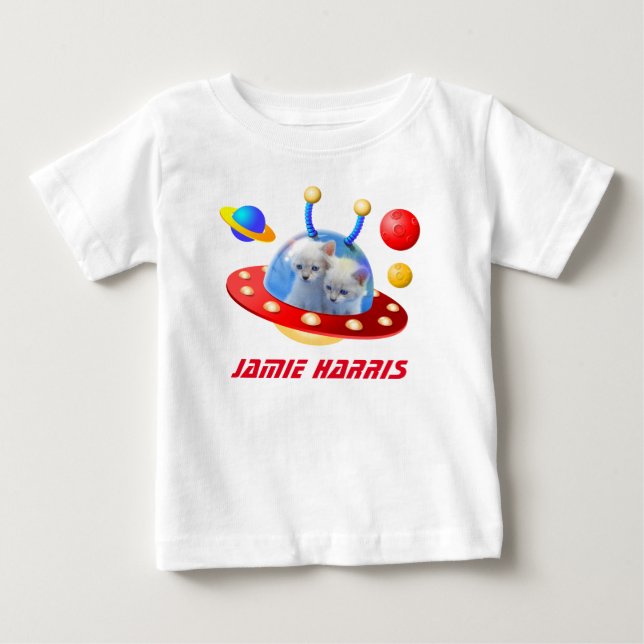 Twin Kittens Cats in UFOs SciFi Flying Saucer Baby T-Shirt (Front)