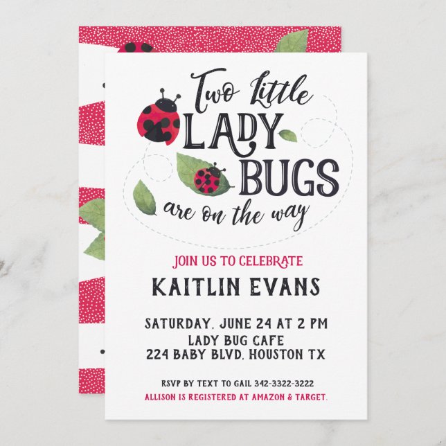 Twin Ladybug Baby Shower Invitation (Front/Back)