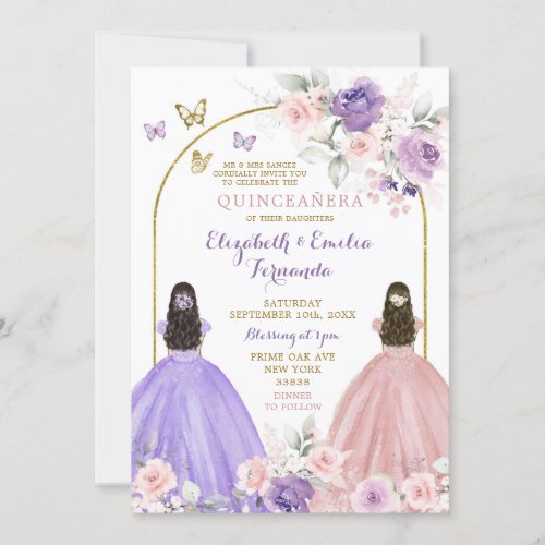 Twin Lilac and Blush Pink Quinceaera Princesses Invitation