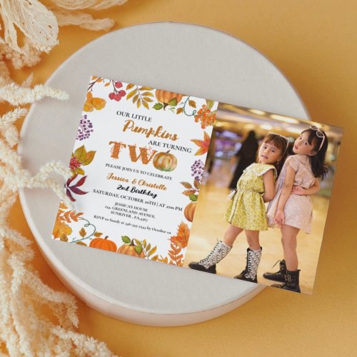 Twin Litlle Pumpkin are turning two 2nd Birthday Invitation