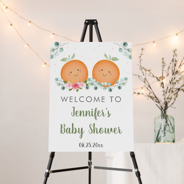 Twin Little Cutie Greenery Baby Shower Welcome Foam Board (In Situ (Stand))