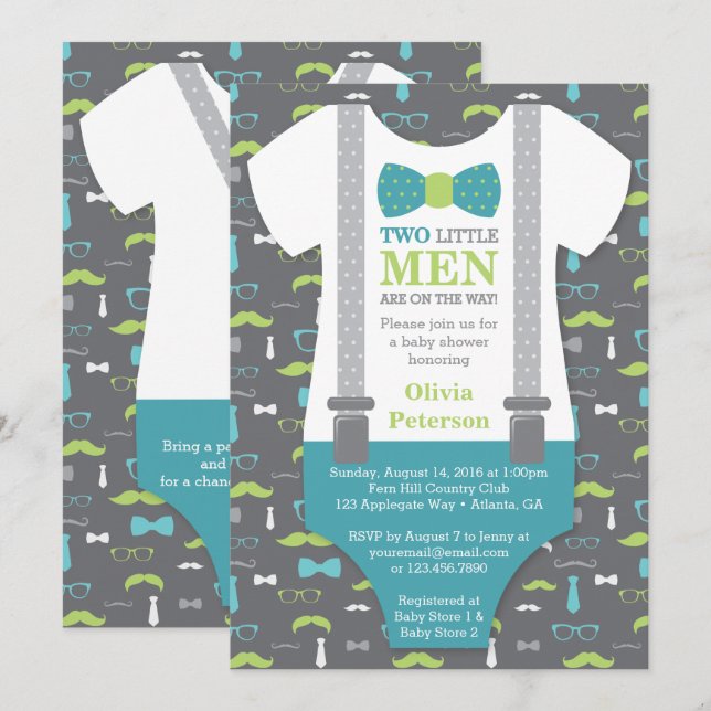 Twin Little Man Baby Shower Invitation, Teal Green Invitation (Front/Back)