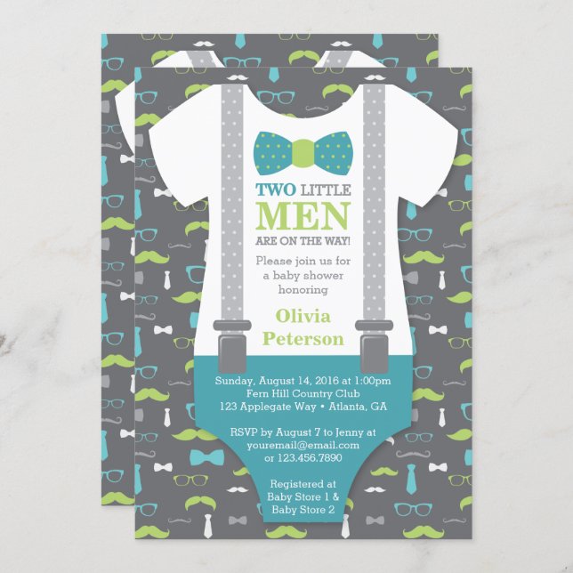 Twin Little Man Baby Shower Invitation, Teal Green Invitation (Front/Back)