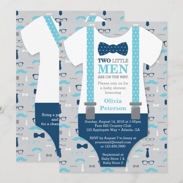 Twin Little Men Baby Shower Invitation, Blue, Gray Invitation (Front/Back)