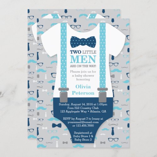 Twin Little Men Baby Shower Invitation Blue Gray Invitation