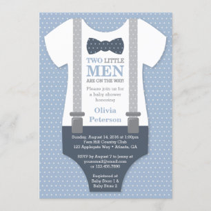 Twin Little Men Baby Shower Invitation, Blue Gray Invitation