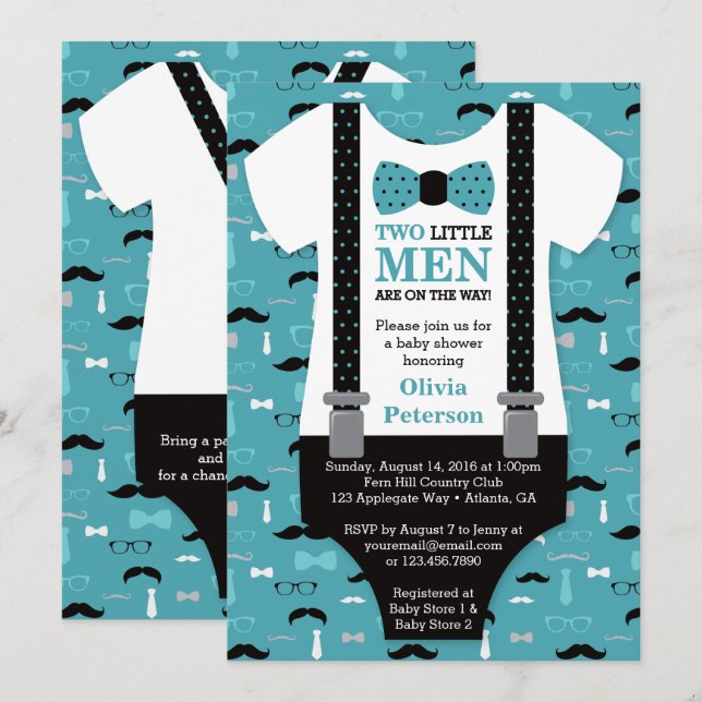 Twin Little Men Baby Shower Invitation, Teal Invitation (Front/Back)