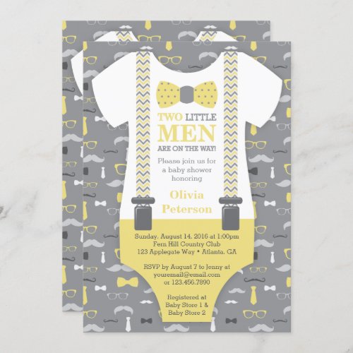 Twin Little Men Baby Shower Invitation Yellow Invitation