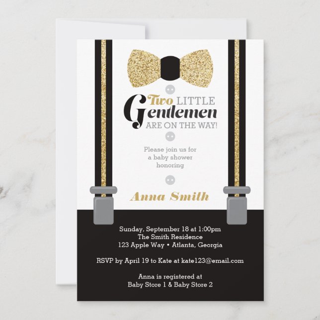 Twin Little Men Baby Shower Invite, Faux Glitter Invitation (Front)
