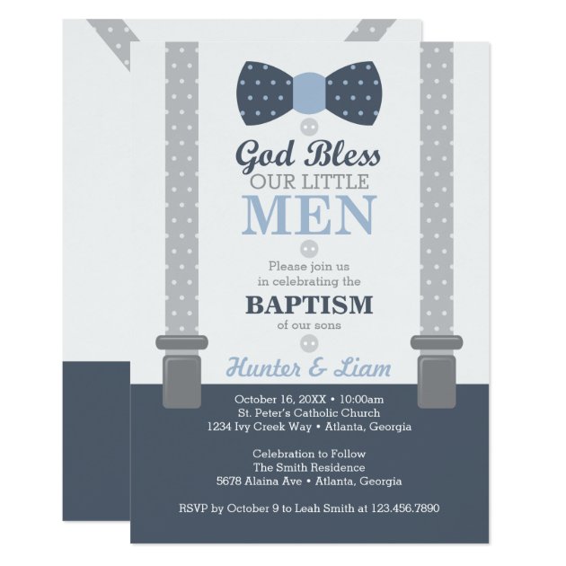 Twin Little Men Baptism Invitation, Blue, Gray Card