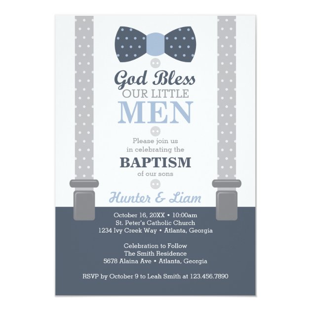 Twin Little Men Baptism Invitation, Blue, Gray Card