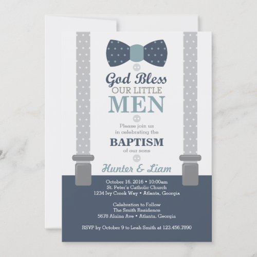 Twin Little Men Baptism Invitation Blue Gray Invitation