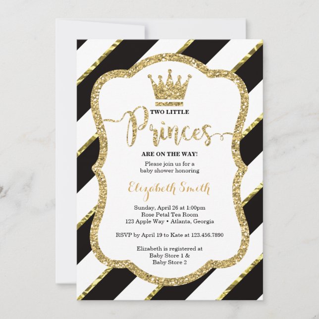 Twin Little Princes Shower Invite, Faux Glitter Invitation (Front)