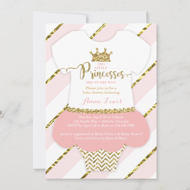 Twin Little Princesses Shower Invite, Faux Glitter Invitation (Front)