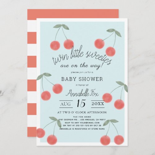 Twin Little Sweeties Cherries Blue Baby Shower Invitation