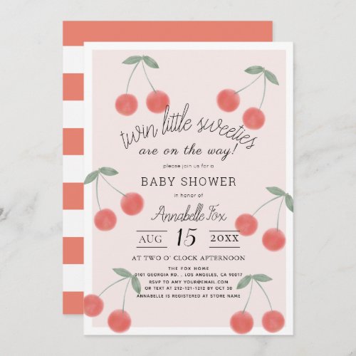 Twin Little Sweeties Cherries Pink Baby Shower Invitation