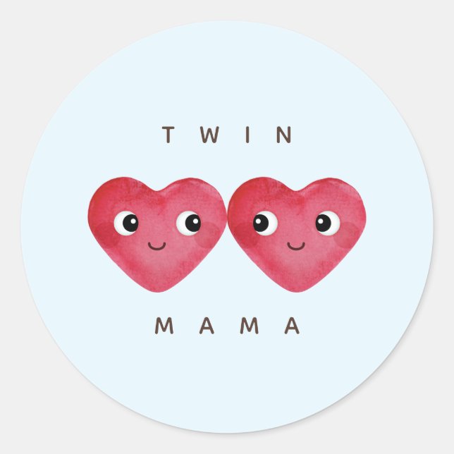 Twin Mama with Blue Watercolour Baby Hearts Classic Round Sticker (Front)