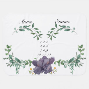 Twin Milestone Elephant Greenery Wreath Monthly Baby Blanket