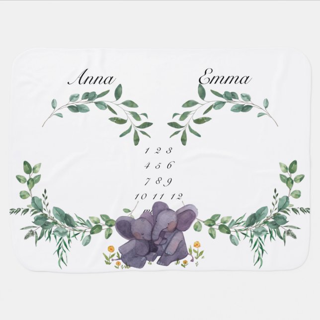 Twin Milestone Elephant Greenery Wreath Monthly  Baby Blanket (Horizontal)