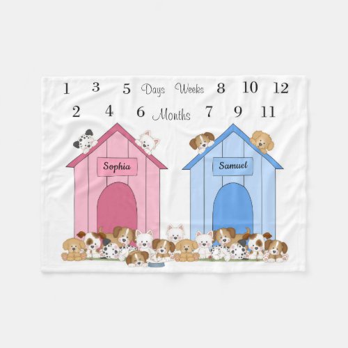 Twin Milestone Puppy Girl Boy Month Monthly  Fleece Blanket